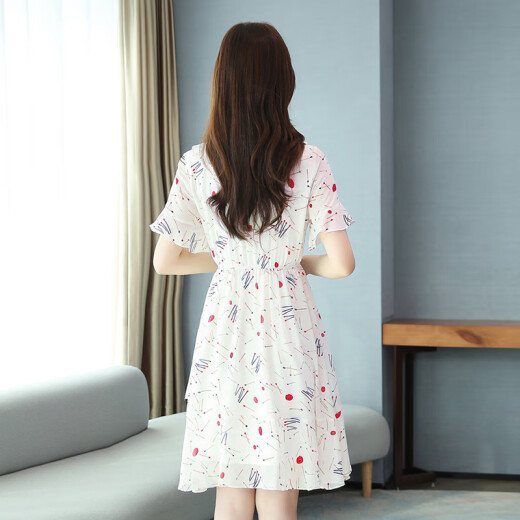 JOYOFJOY Summer Women's Floral Chiffon Dress Women's Korean Style Mid-Length Waist Slim Trumpet Sleeve Small Fresh Skirt JWQZ204049 White M