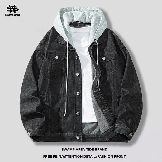 SWAMP AREA men's hooded denim jacket autumn and winter American retro loose couple casual jacket SWC11 black XL