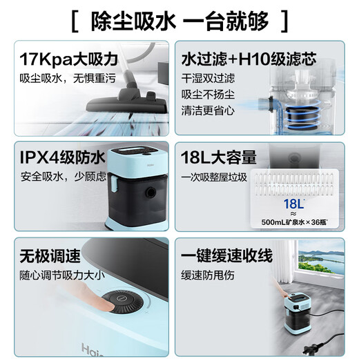 Haier-aspiradora de cubo, filtración de agua, alta potencia, alta succión, toma con un solo botón, velocidad continua, rueda universal ajustable, máquina de succión de agua y limpieza de polvo de doble uso en seco y húmedo HZ-T918E, regalo ingenioso