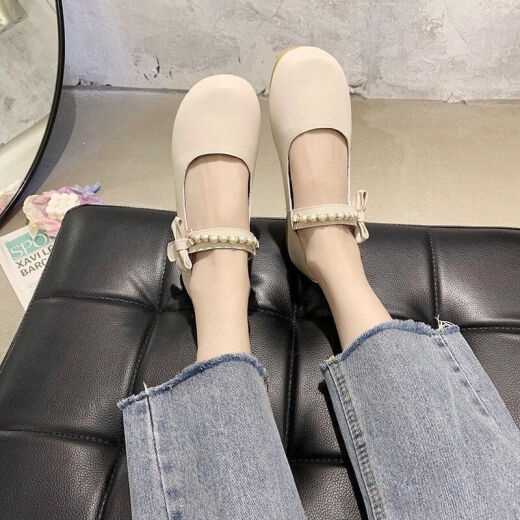 Shi Yan Wave Fairy Style Shoes Women's 2022 Summer New Gentle Pearl Flat Bottom Versatile Mary Jane Student Lazy Beanie Shoes Beige 35