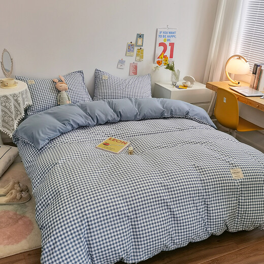 Playboy (PLAYBOY) four-piece bed skin-friendly summer ins Nordic style bed sheet quilt cover soft and comfortable single student dormitory bedding blue small grid 1.8m bed sheet style four-piece set (200*230cm quilt cover)