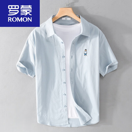 罗蒙（ROMON）男士短袖衬衫日系卡通刺绣休闲上衣夏季薄款休闲半袖衬衣 9737款白色 XL 130斤左右