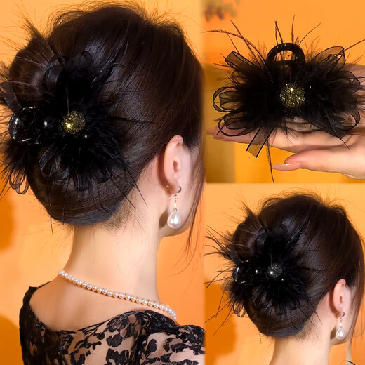 Pretty three-year-old high-end feather clip women 2025 new autumn and winter back hair hair clip shark clip clip headdress golden rhinestone [feather clip]
