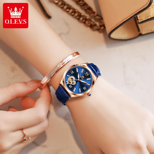 Olevs Swiss Certified Brand Watch Women's Mechanical Watch Vollautomatisch wasserdichte Luminous Women's Watch Hollow Diamond-Set Fashion Watch OLEVS-6636-Blue Leder Rose Shell Blue Oberfläche
