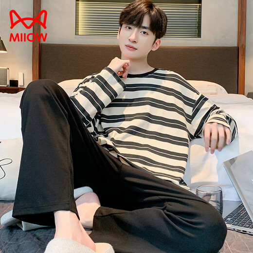 Cat men's pajamas 2024 long sleeves trousers pure cotton spring and autumn can be worn loose and cute teenager home clothing suit gentle and elegant 9901 L[120-140]