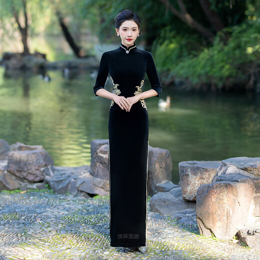 Timochi catwalk long cheongsam to ankle performance costume gold velvet 2024 high-end elegant and elegant banquet etiquette body suit purple three-quarter sleeves 3XL