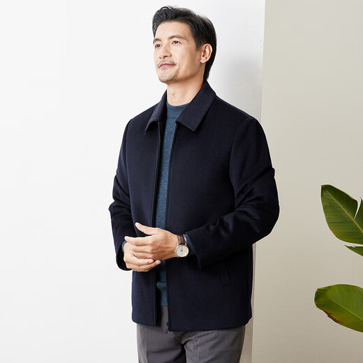 恒源祥【厚款100%羊毛】毛呢外套男秋冬干部中老年爸爸装商务翻领夹克男 藏青 M /170/88A