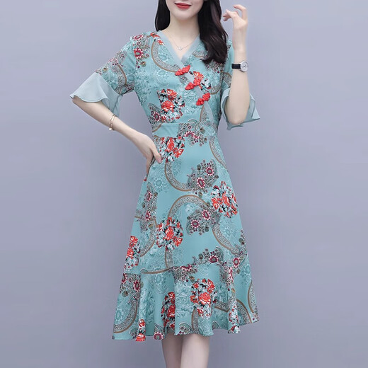XAE奢侈高档品牌短袖连衣裙女2025夏季新款小个子V领碎花旗袍长裙 粉红色 L