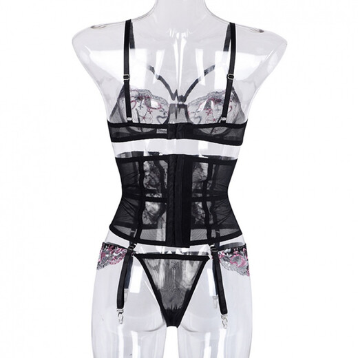 Frauen 2022 Neue europäische und amerikanische sexy Mesh Stickerei, Hose hohles Strumpfband Drei-teiliges Set, Black S