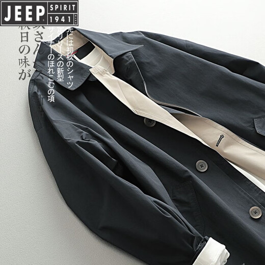 JEEP中长款风衣男秋冬日系设计款双层领薄款斜纹棉防水涂层单排扣衫潮 黑色 M