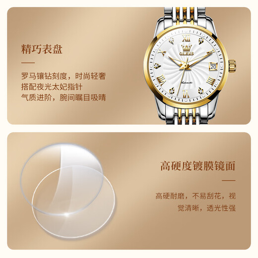 欧利时（OLEVS）瑞士认证品牌手表女简约气质女士手表夜光防水女表全自动机械表 OLEVS-6630女-钢带间白