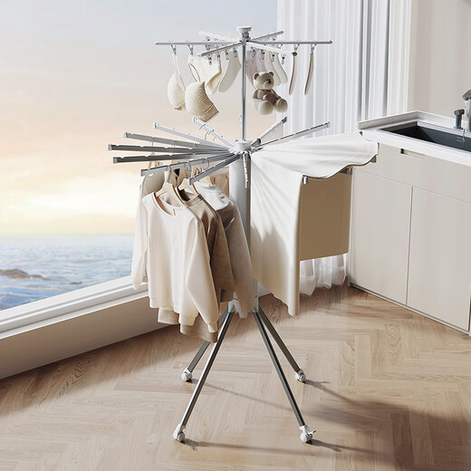 FABARHEE folding clothes drying rack floor-standing balcony indoor home octopus installation-free removable does not take up space for drying quilt rack double-layer model 24 clips + 16 poles four-legged wheels