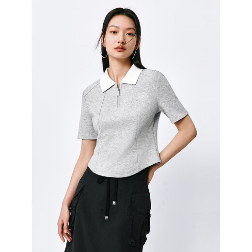 Peacebird zipper POLO shirt short-sleeved T-shirt for women 2024 spring new style lapel short irregular design top gray M