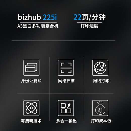 柯尼卡美能达 215i/225i/205i a3打印机黑白激光复印机 柯美办公多功能打印扫描一体机 新款225i标配（双面打印/网络打印22页/分）