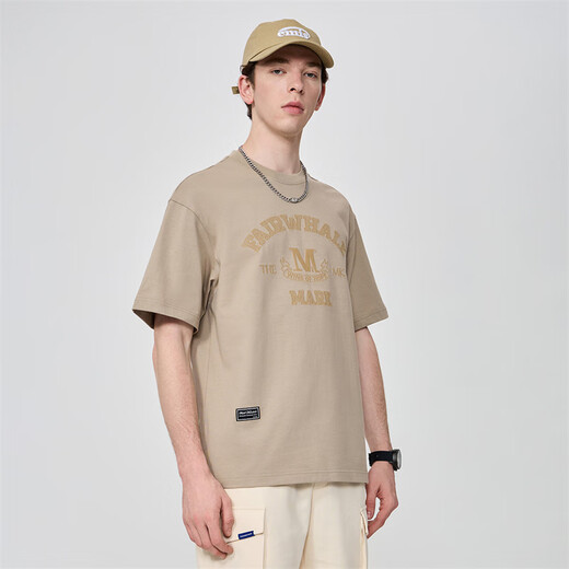 
Mark Huafei [pure cotton] short-sleeved T-shirt for men 25 spring and summer new round neck letter style embroidered comfortable breathable loose men's T-shirt 701 khaki (silhouette version) L (height 170-175 weight 65-70)