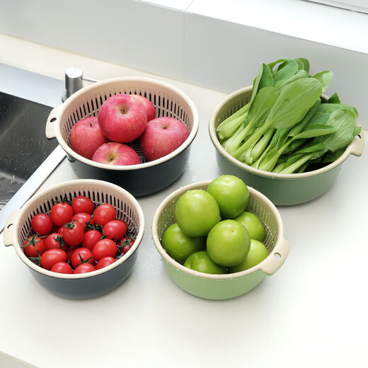 Double-layer drain basket, vegetable washing basket, kitchen drain artifact, household multi-functional fruit basket storage basket, round drain basket 6-piece set - large + medium + small - mixed color