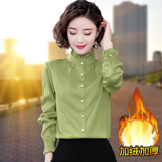 FHHUABD广东普宁女士衬衫官方旗艦店加绒立领雪纺女长袖秋冬新款缎面衬衣 5012杏色 (不加绒) S  建议80/90斤