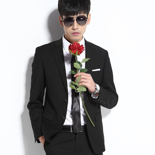 Yhv suit suit men's slim fit youth interview suit business formal wear solid color college student best man wedding adult ceremony 1611 black two buckle XL (175) recommended 120-135Jin Jin equals 0.5 kg