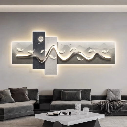 Wall-calling living room decorative painting with backing LED light painting sofa background wall hanging painting modern light luxury creative mural gilded mountains and rivers B style 210*87 (LED light painting/remote plug-in style)