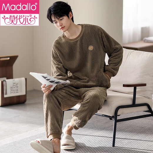 莫代尔睡衣男士冬季珊瑚绒加厚加绒男款秋冬法兰绒可外穿冬款休闲家居服 9864雾蓝灰 M (165)