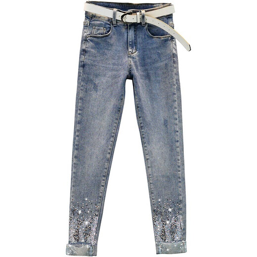 Mad Cortes trendy brand design button hot rhinestones small leg jeans for women petite high waist slim slim pencil pants blue 2XL