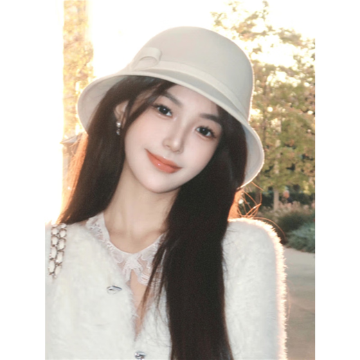 Qiao Meiting daughter style white Hepburn style small top hat big head circumference temperament fisherman hat women spring and summer French elegant basin hat trend white-one-byte woolen basin hat adjustable