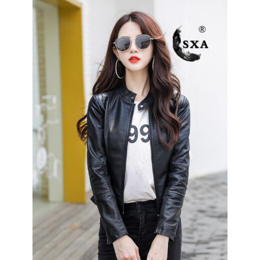 sxa Hong Kong trendy brand short leather jacket women's 2022 autumn and winter new thickened slimming motorcycle jacket leather jacket top temperament versatile short jacket black M