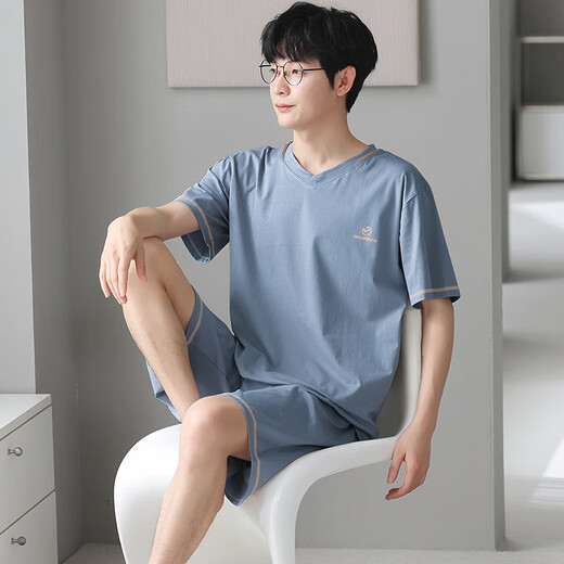 浪莎男士睡衣冰丝莫代尔触感可外穿夏季V领简约休闲家居服套装 浅蓝 XL