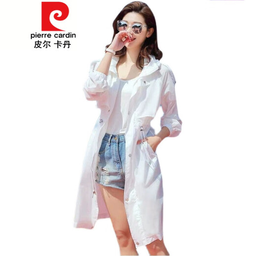 皮尔卡丹（pierre cardin）防晒衣女中长款2023年夏季薄款洋气白色长款风衣外套服衫针织 白色 L 建议115-130斤