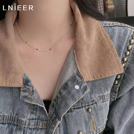 Lnieer silver broken several taels of silver necklace women's clavicle chain stacked high-end S925 silver iu same style rainbow bean bead necklace colored beads broken silver necklace looks great when worn alone or stacked