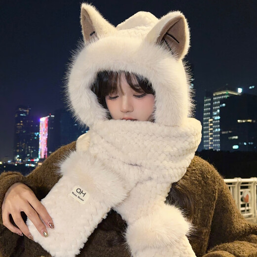 Zeng Chu Zeng Chu Fuchs Ohrhöhe Plüschhutschal integrierter Frauen Herbst und Winter 2023 neue niedliche Handschuhe warme dreiteilige beige Eingröße (Velvet hinzugefügt und verdickt)
