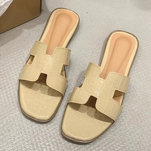 
Xier slippers for women wearing summer anti-slip flat-soled fashion home sandals fairy little fragrant pearl flip-flop beach sandals French small fragrant slippers khaki color [37]