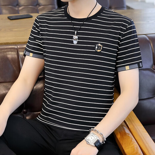 Juecho Pure Cotton New Striped Short Sleeve T-Shirt Herren Sommer Trendy Slim Sweatshirt Korean Round Neck T-Shirt Top Black XL (125jin [Jin entspricht 0,5 kg] -140jin [Jin gleich 0,5 kg]))