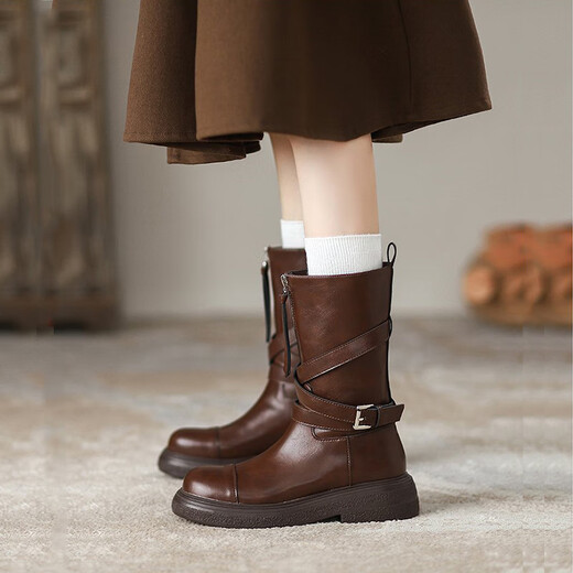 Nine-inch Sunshine Maillard Mid-Tube Martin Boots Women's Short Boots 2025 Spring and Autumn New Women's Shoes Western Retro Round Toe Thick Heel Fashion Boots Mid-Tube Boots Women's Brown 38