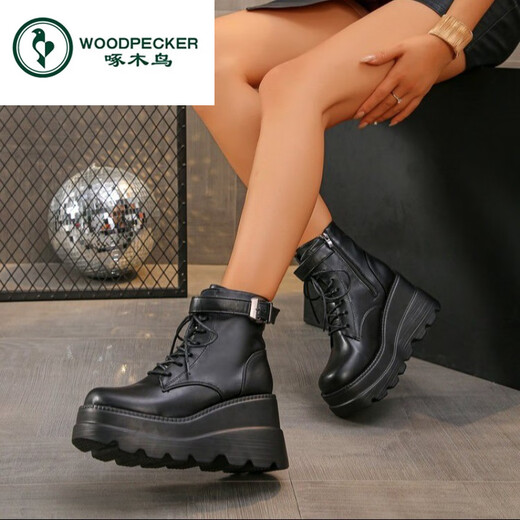 
Woodpecker plus size Martin boots 2025 autumn and winter new European and American square head side zipper wedge casual fashion boots black 38