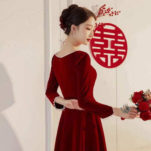 Li Baixin Velvet Toast Wear Bridal Autumn and Winter Simple Burgundy Temperament Slim Engagement Dress Back Door Dress Dress Women Burgundy L Recommended 100-110 Jin Jin equals 0.5 kg