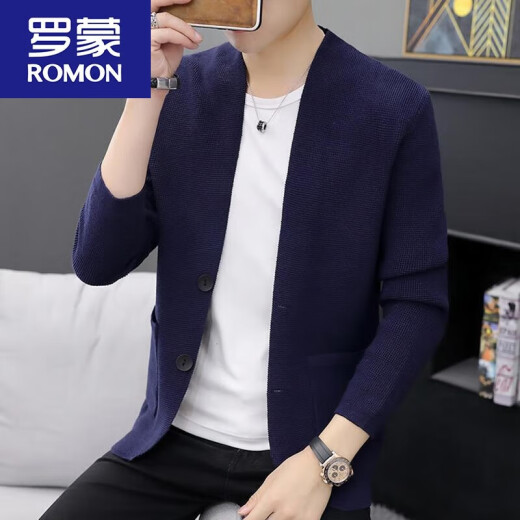 ROMON high-end knitted cardigan men's thin section 2022 spring and autumn new Korean style trendy slim sweater jacket button sweater outer wear new product 8505 black 175/XL