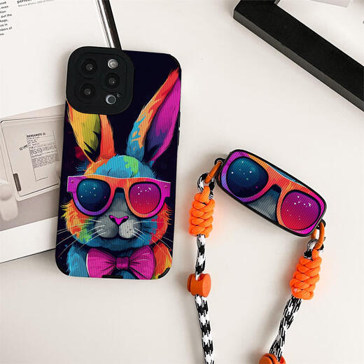Tongrubi flat smile is suitable for vivo Huawei Honor Xiaomi Apple iPhone 14 promax mobile phone case 15 13 back clip S16 3884 cute rabbit + back clip lanyard iPhone 13Pro