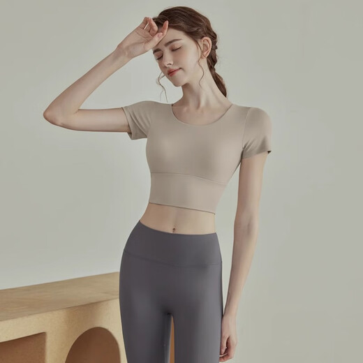 Youyou Yoga Wear Women's New Style Sports Fitness Pilates Training Wear Tops with Breast Pads, Short Sleeves, High-end Set, Black Short Sleeves, Fixed Cup + Gray Purple Pants M