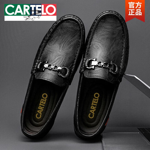 CARTELO crocodile (CARTELO) men's 2025 new leather spring and autumn men's shoes breathable hollow soft sole one foot drive casual leather shoes trend black hollow 9905 42 [Standard size of leather shoes]