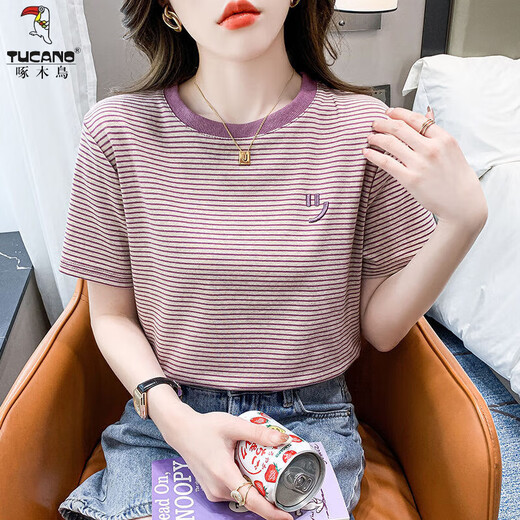 Woodpecker Purple rayé à manches courtes à manches courtes pour les femmes lâche 2025 Summer Summer T-shirt Smiley Face Smiley Broidered Top 9928 # Purple + 9959 # Red S Recommandé 80-95Jin [Jin est égal à 0,5 kg]