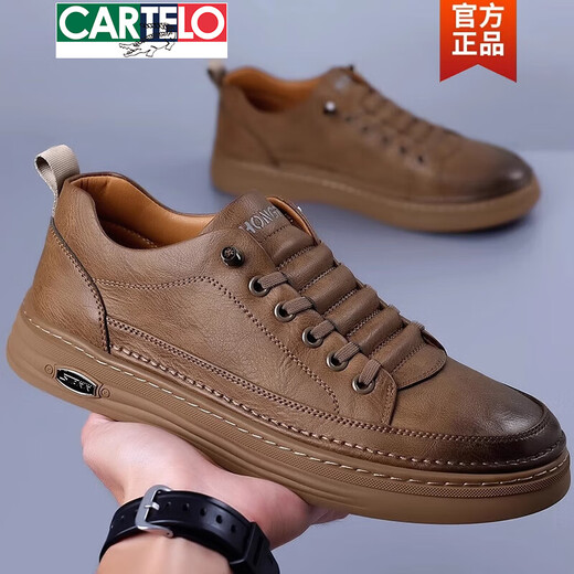 卡帝乐鳄鱼（CARTELO）全牛皮男鞋2025春秋季男士运动休闲皮鞋透气软底板鞋时尚百搭潮流 2603增高黑色 39