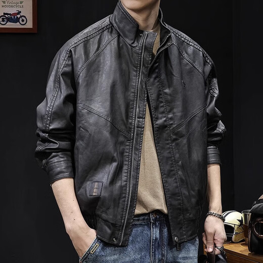 Lexin trendy high-end stand-collar motorcycle leather jacket for men in autumn and winter new men's velvet large size American retro trendy brand tops brown velvet thickened 3XL 180-200Jin Jin is equal to 0.5 kg