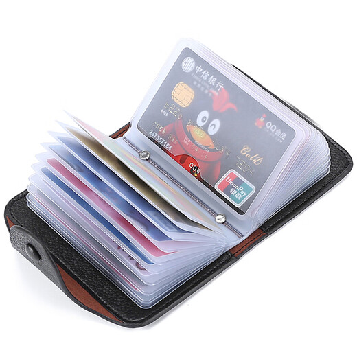 Momboska bag men's first-layer cowhide large-capacity coin purse with multiple card slots for bank cards, documents, anti-theft card storage bag, black simple style, anti-theft 20 cards + 2 mirror windows