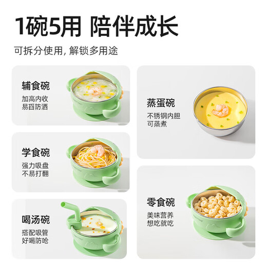 Betas baby supplementary food bowl for babies special silicone bowl spoon set for learning to eat training suction cup bowl children's tableware [stainless steel model - high temperature disinfection] light fruit green