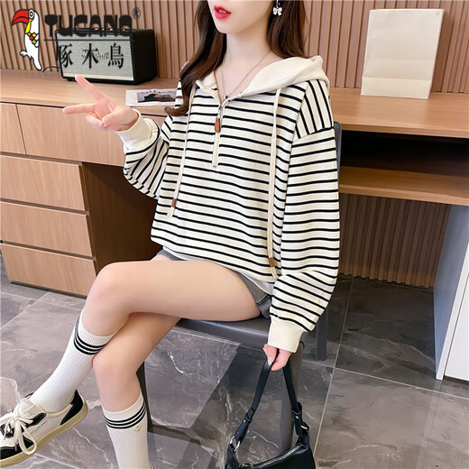 啄木鸟条纹卫衣女连帽2024秋季新款韩版大码宽松设计感减龄百搭长袖上衣 图片色 6625 M 80-105斤