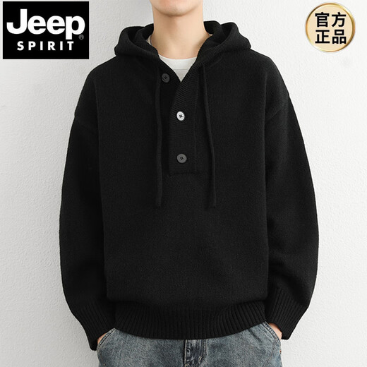 JEEP SPIRIT套头连帽毛衣男秋冬季外套2024新款纯色针织衫内搭男软糯百搭毛衫 深灰 L 约115-125斤可穿