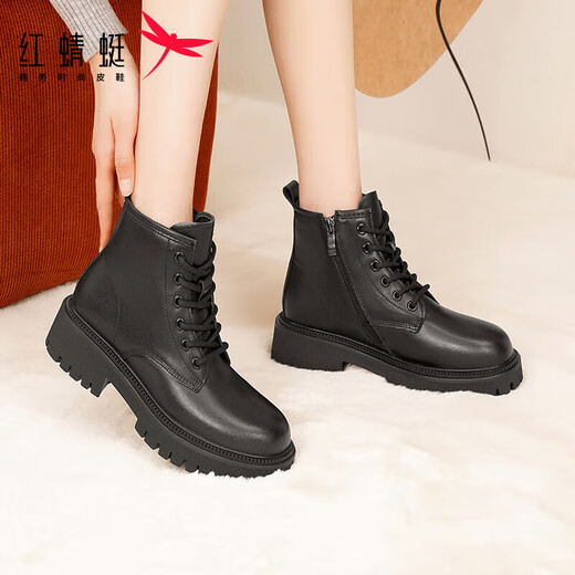 Red Dragonfly Autumn and Winter Thick-soled Heightened Martin Boots Outdoor Warm Cotton Shoes Women's Boots Plus Velvet Slim Boots WTC43977 Black 37