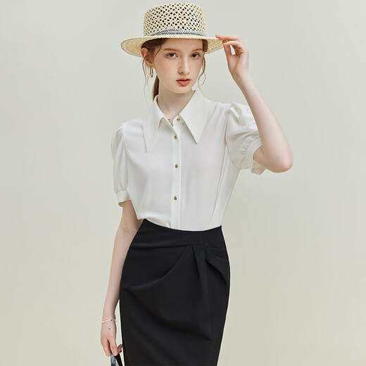Fan Silan 23FS12596 French pointed collar short-sleeved shirt for women's summer new puff sleeves slimming top New leaf green XS