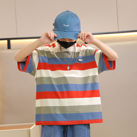 I.Karnow Boy Striped kurzärmeliges reines Baumwoll-T-Shirt 2025 Neue Kinder Sommer halbe Ärmel Street Lose Big Children's Summer Top [zwei Teile mehr Rabatt] 9895 Streifen + 9885 Blue 120